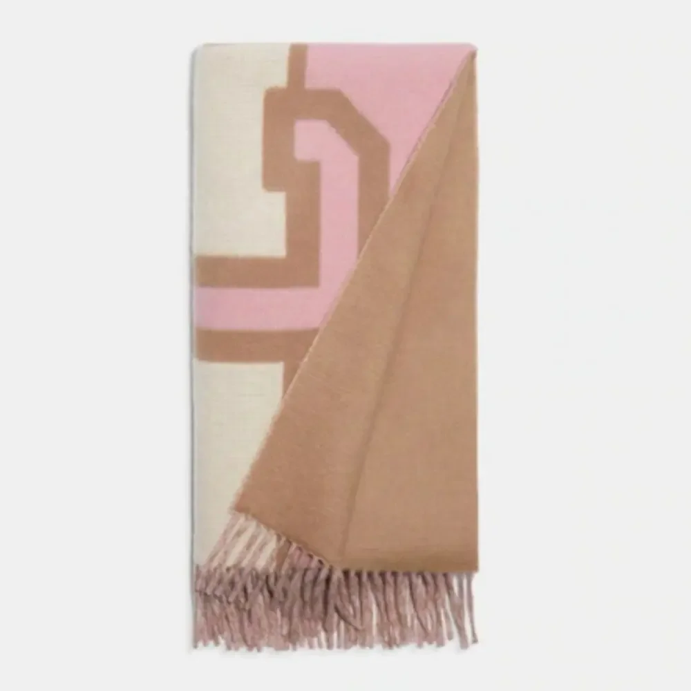 Coach Reversible Colorblock Varsity Print Oversized Muffler Scarf Pink Tan